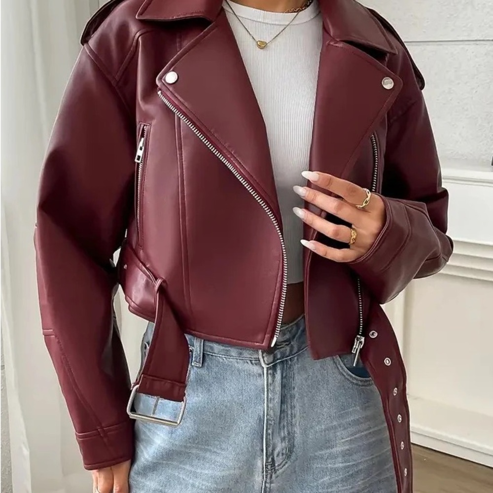 Women's Burgundy faux Leather Jacket blazer - Picture 4 of 4